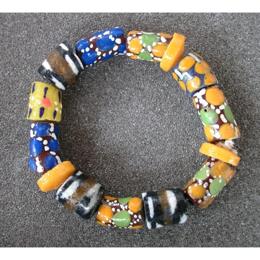 African Trade Beads Bracelet Handmade Multicolor Glass & Clay Stretch 7 Inch Siz